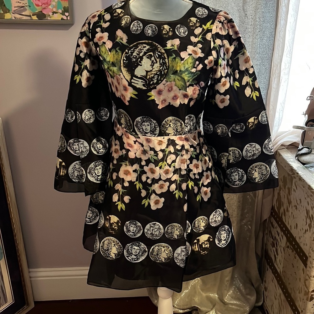 Dolce and Gabbana inspired Coin-Print Bell-Sleeve Mini Dress Black - Picture 2 of 5